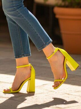 Neon Yellow Block Heel Sandals With Adjustable Ankle Strap Open Toe Design And G